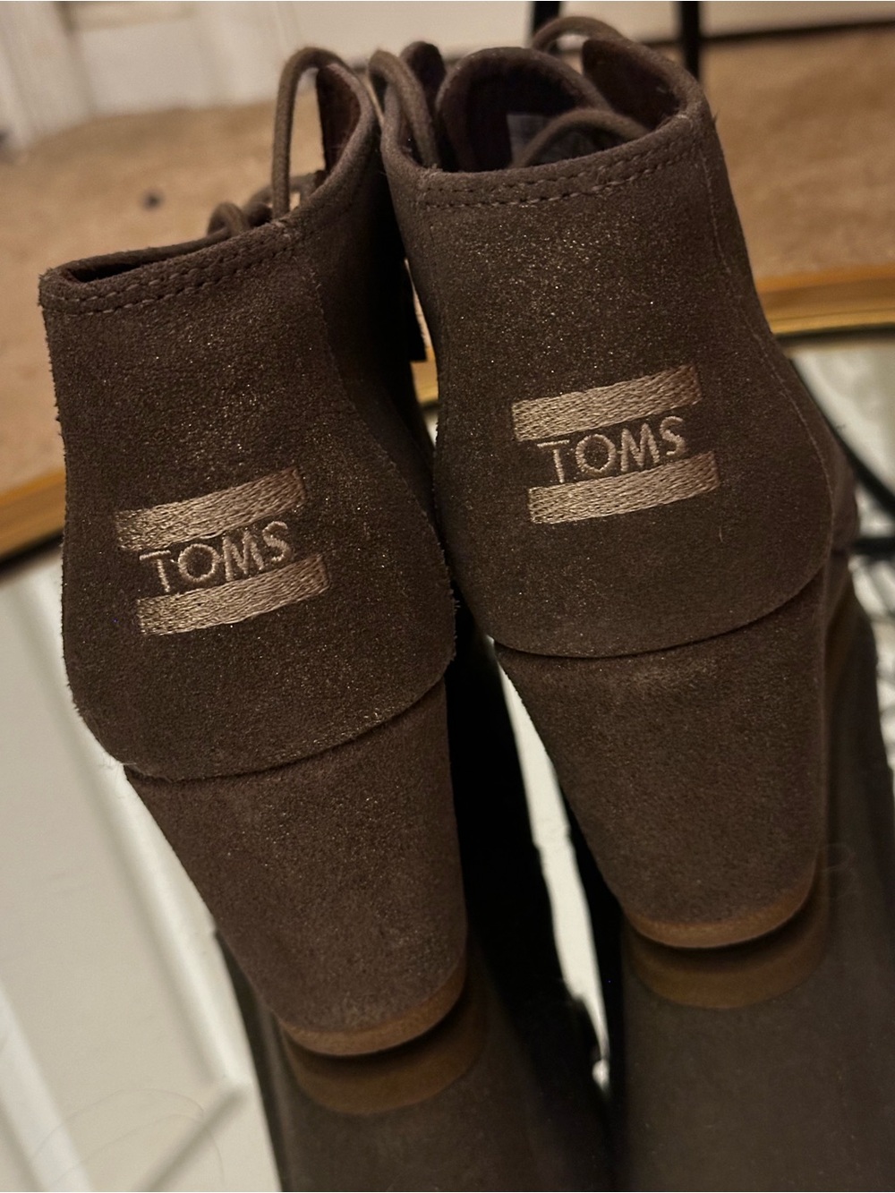 Women’s Brown Gold Dust Suede Wedge Boots by Toms
